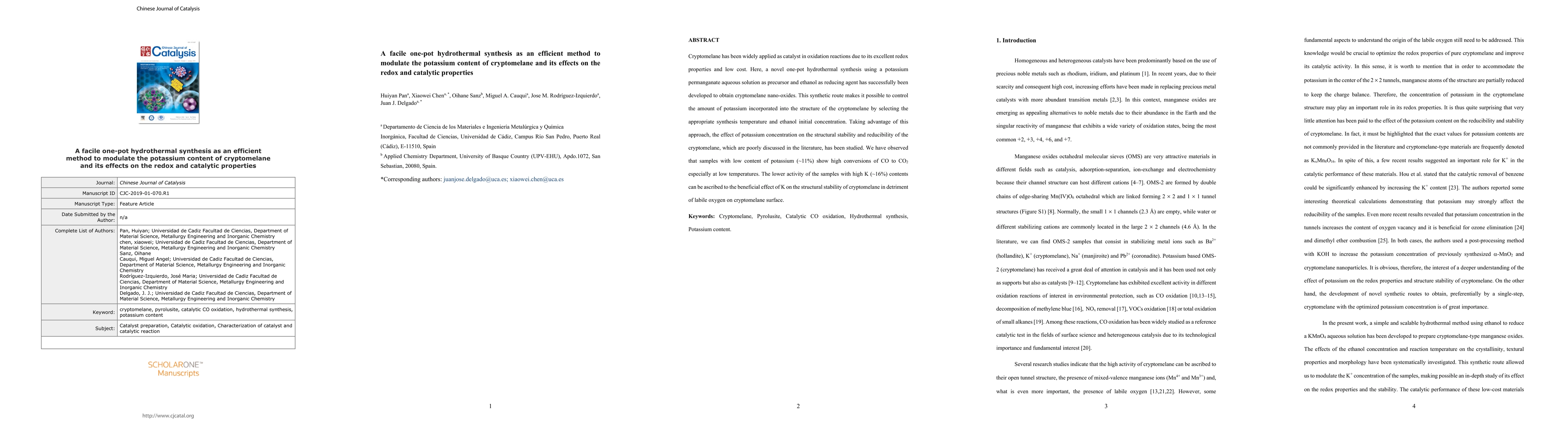 Thumbnail for A facile one-pot hydrothermal synthesis as an efficient method to
  modulate the potassium content of cryptomelane and its effects on the redox
  and catalytic properties