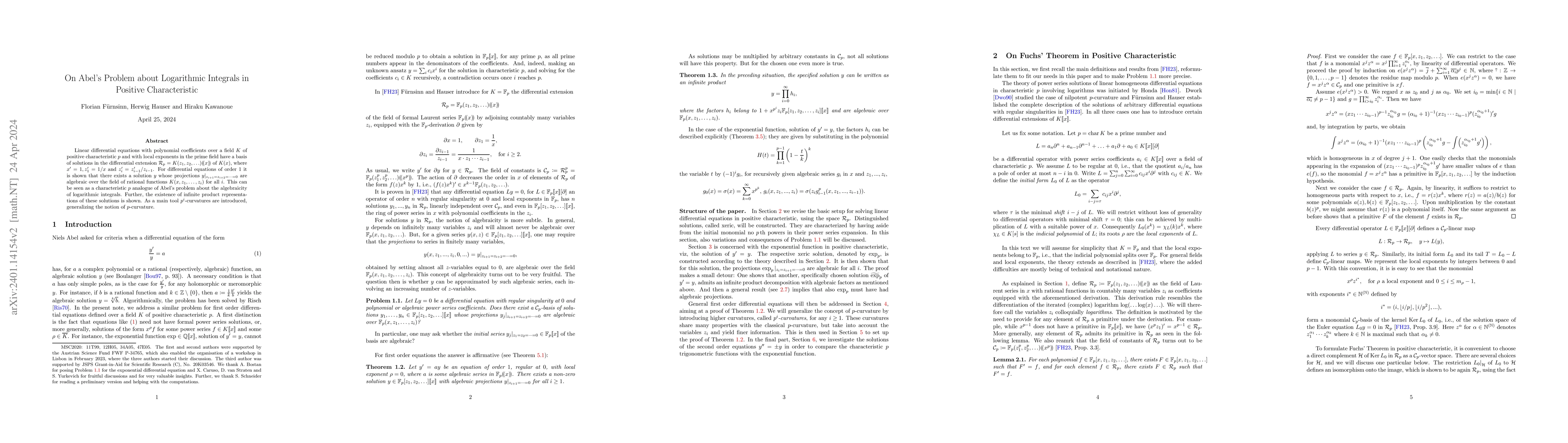 Thumbnail for On Abel's Problem about Logarithmic Integrals in Positive Characteristic