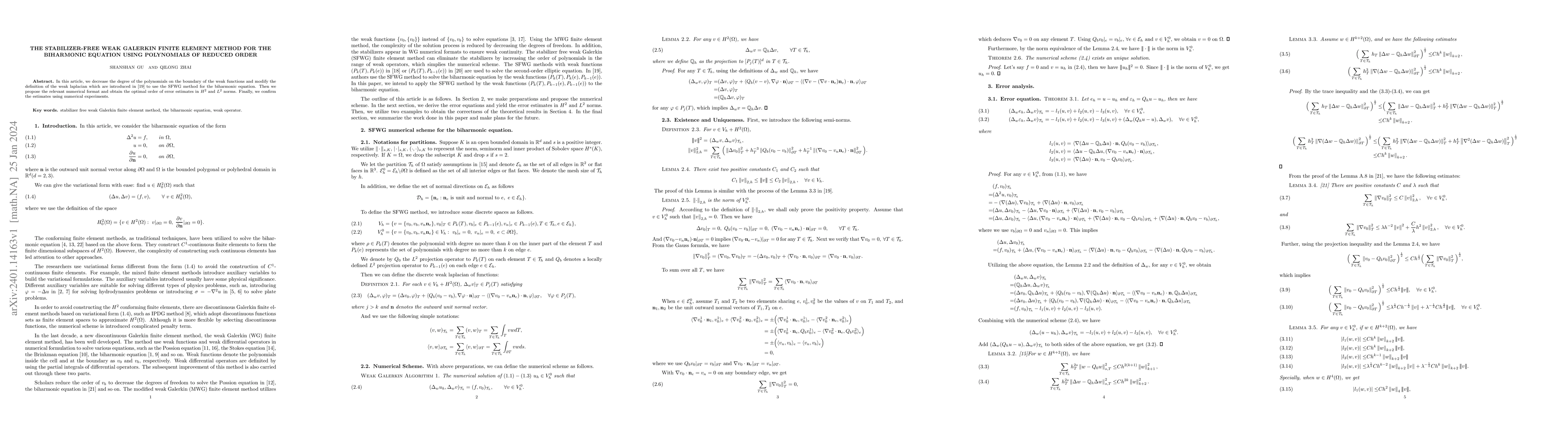 Thumbnail for The stabilizer-free weak Galerkin finite element method for the
  Biharmonic equation using polynomials of reduced order