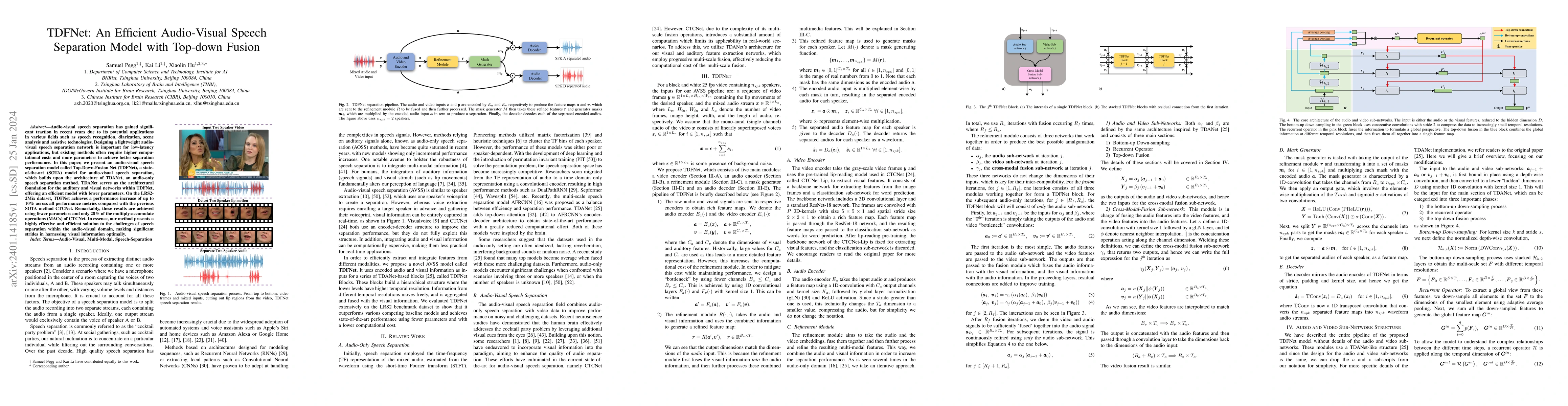 Thumbnail for TDFNet: An Efficient Audio-Visual Speech Separation Model with Top-down
  Fusion