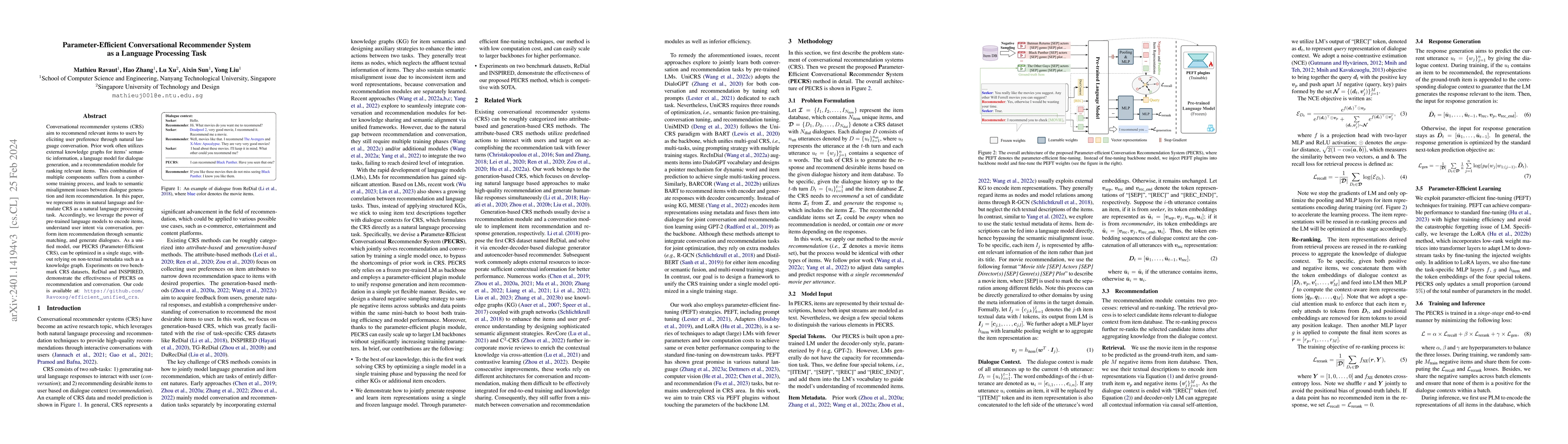 Thumbnail for Parameter-Efficient Conversational Recommender System as a Language
  Processing Task