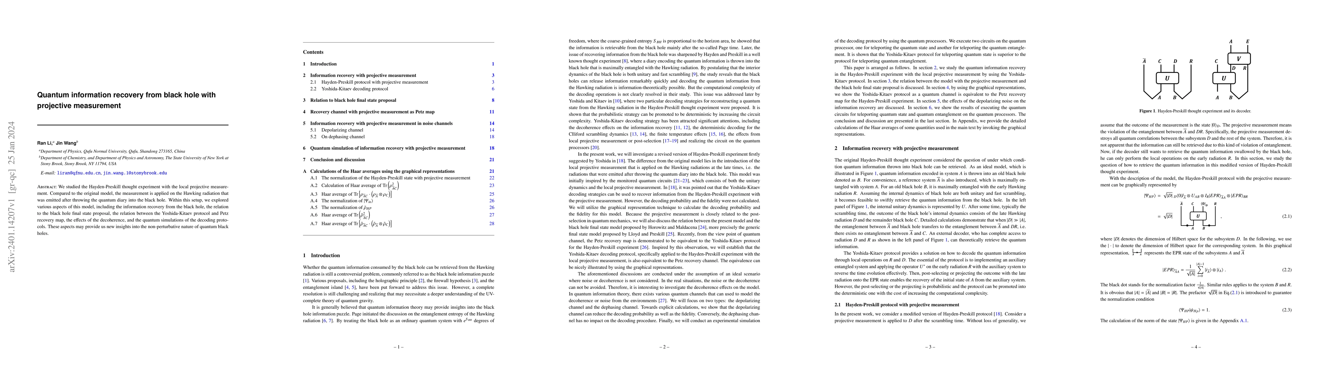 Thumbnail for Quantum information recovery from black hole with projective measurement