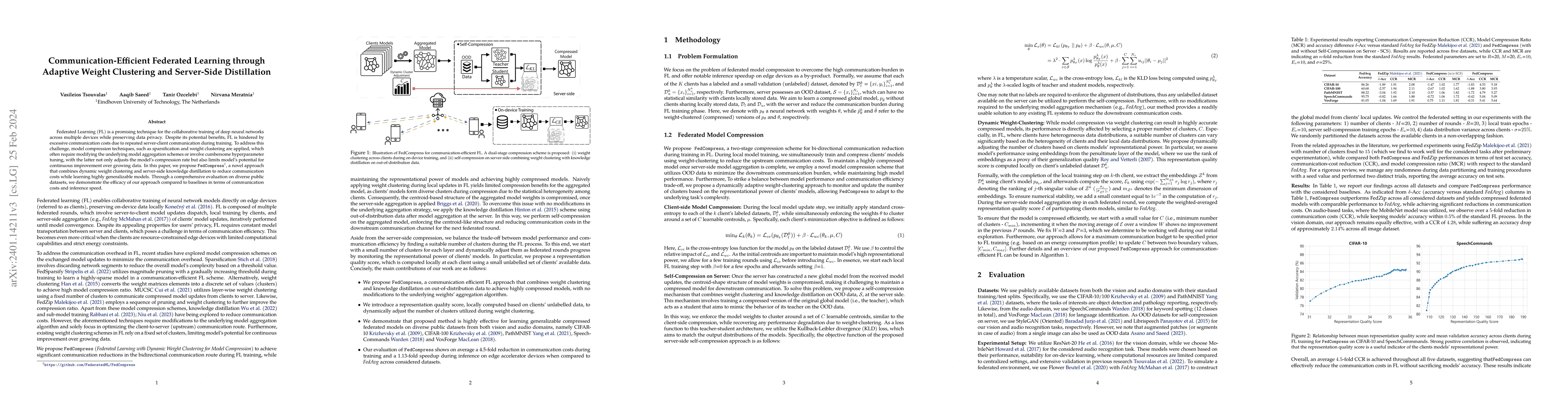 Thumbnail for Communication-Efficient Federated Learning through Adaptive Weight
  Clustering and Server-Side Distillation