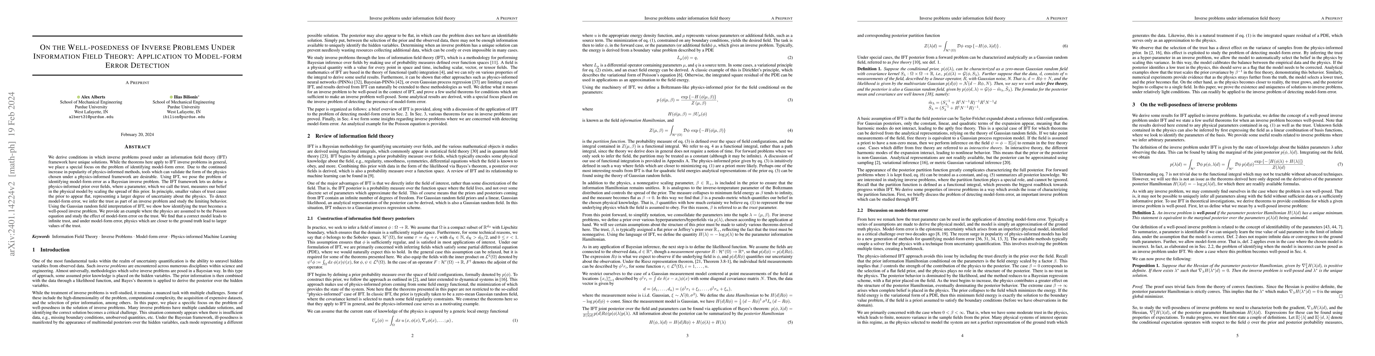 Thumbnail for On the well-posedness of inverse problems under information field
  theory: application to model-form error detection