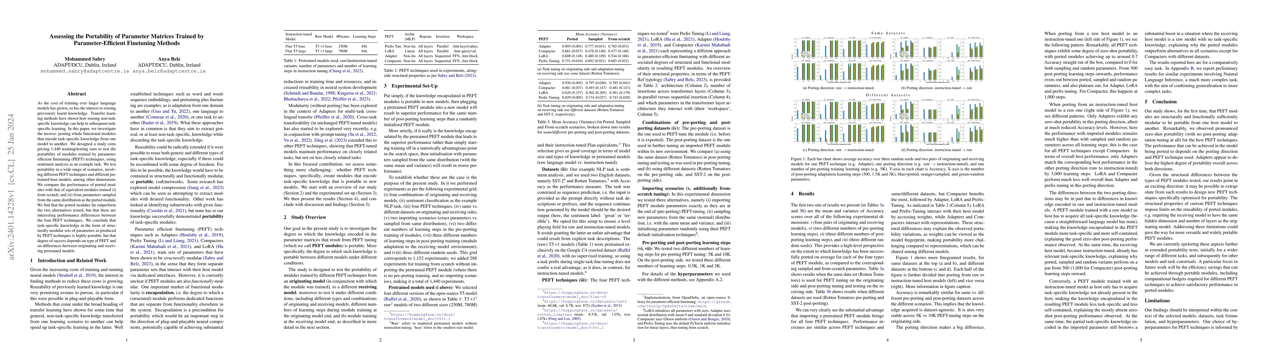 Thumbnail for Assessing the Portability of Parameter Matrices Trained by
  Parameter-Efficient Finetuning Methods
