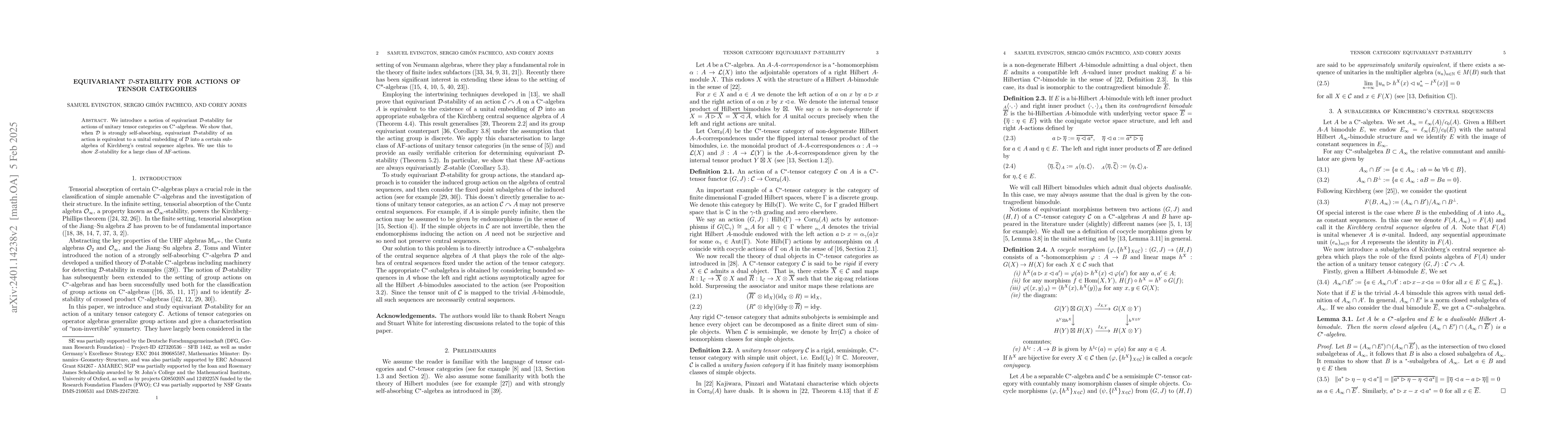 Thumbnail for Equivariant $\mathcal{D}$-stability for Actions of Tensor Categories