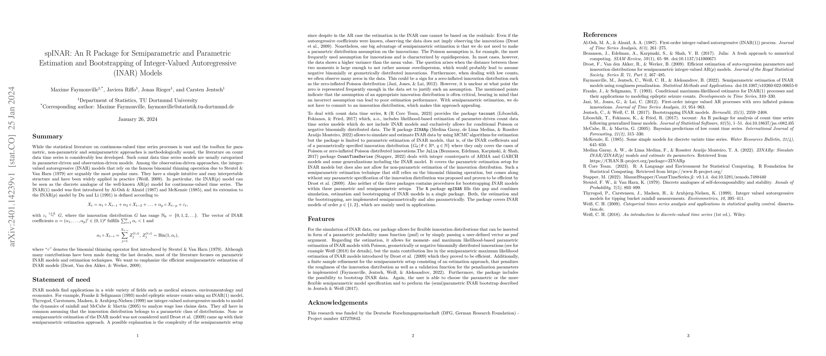 Thumbnail for spINAR: An R Package for Semiparametric and Parametric Estimation and
  Bootstrapping of Integer-Valued Autoregressive (INAR) Models