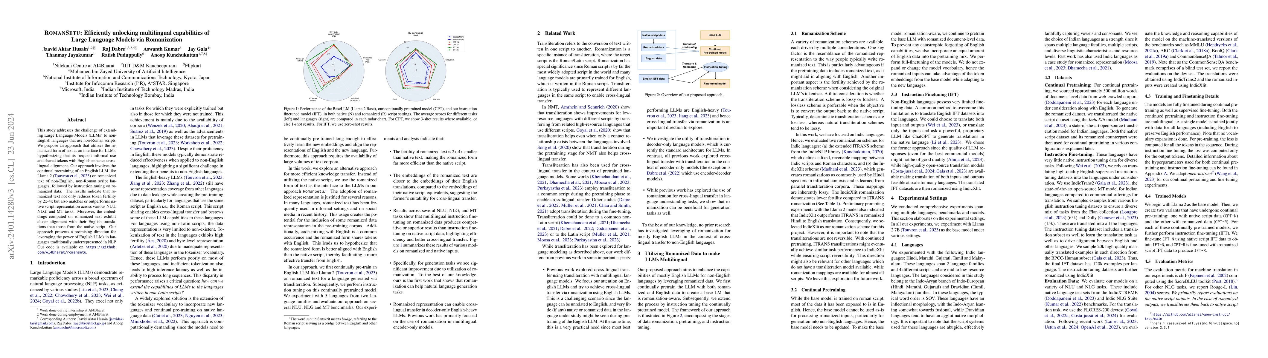Thumbnail for RomanSetu: Efficiently unlocking multilingual capabilities of Large
  Language Models via Romanization