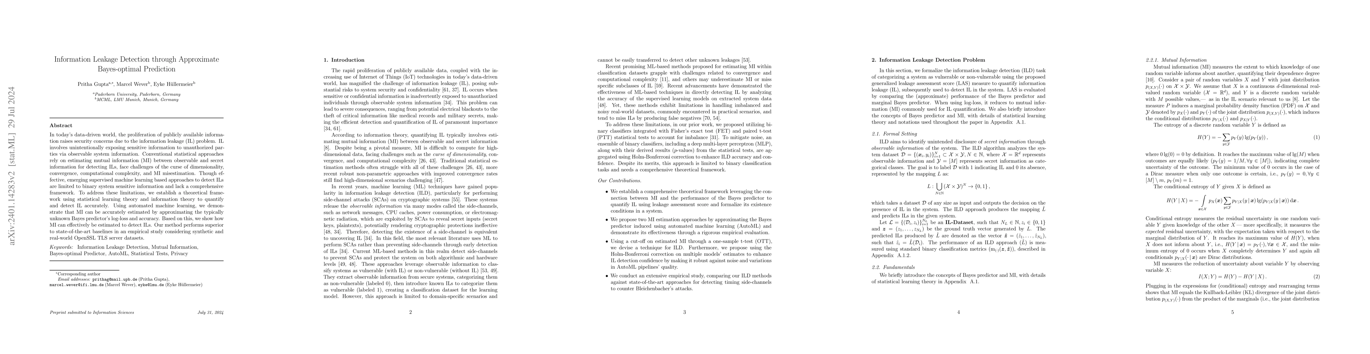 Thumbnail for Information Leakage Detection through Approximate Bayes-optimal
  Prediction