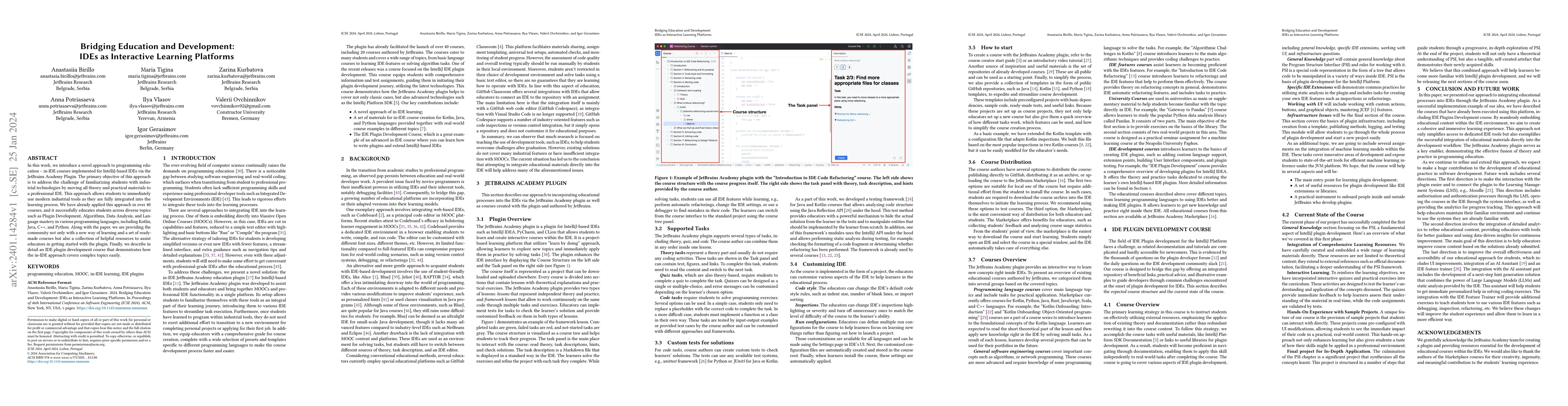 Thumbnail for Bridging Education and Development: IDEs as Interactive Learning
  Platforms