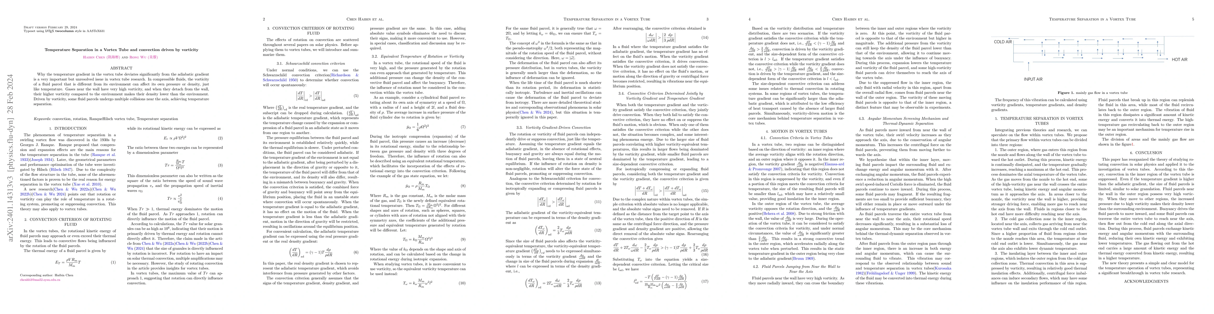 Thumbnail for Temperature Separation in a Vortex Tube and convection driven by
  vorticity