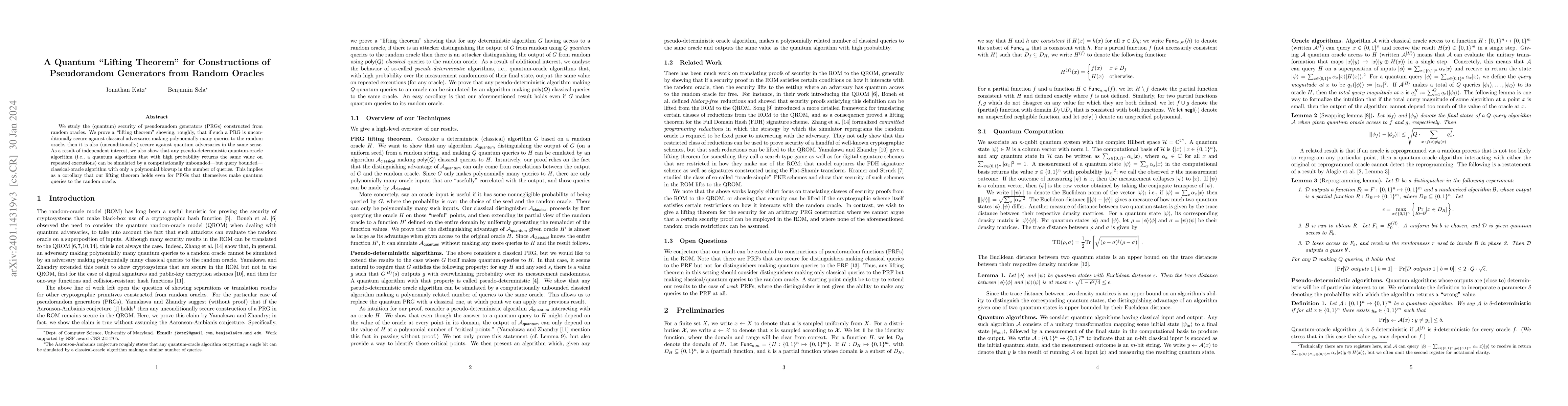 Thumbnail for A Quantum "Lifting Theorem" for Constructions of Pseudorandom Generators
  from Random Oracles