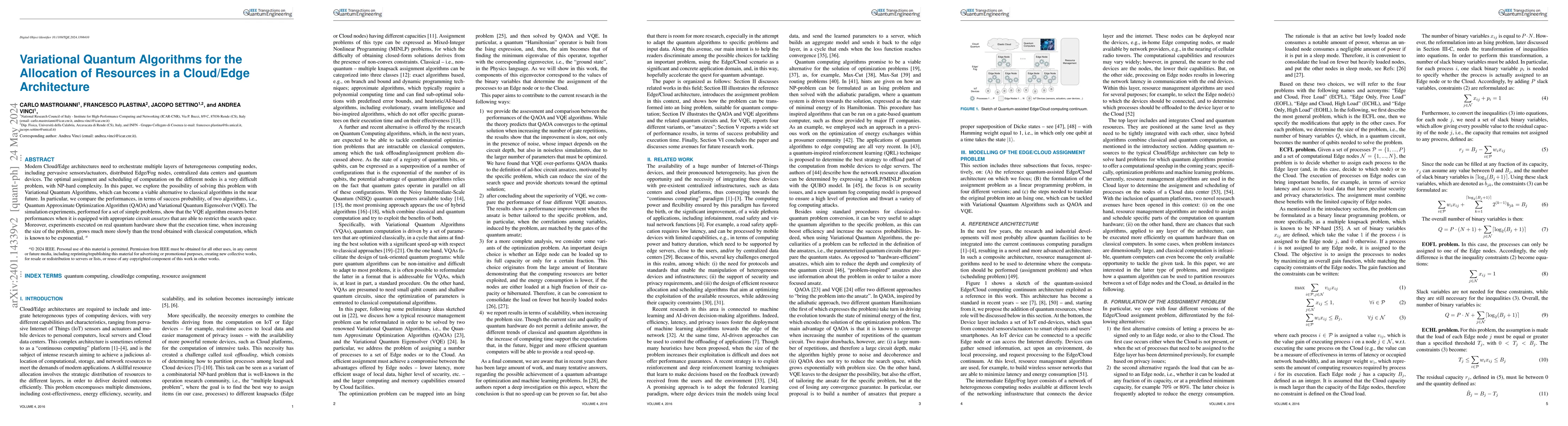 Thumbnail for Variational Quantum Algorithms for the Allocation of Resources in a
  Cloud/Edge Architecture