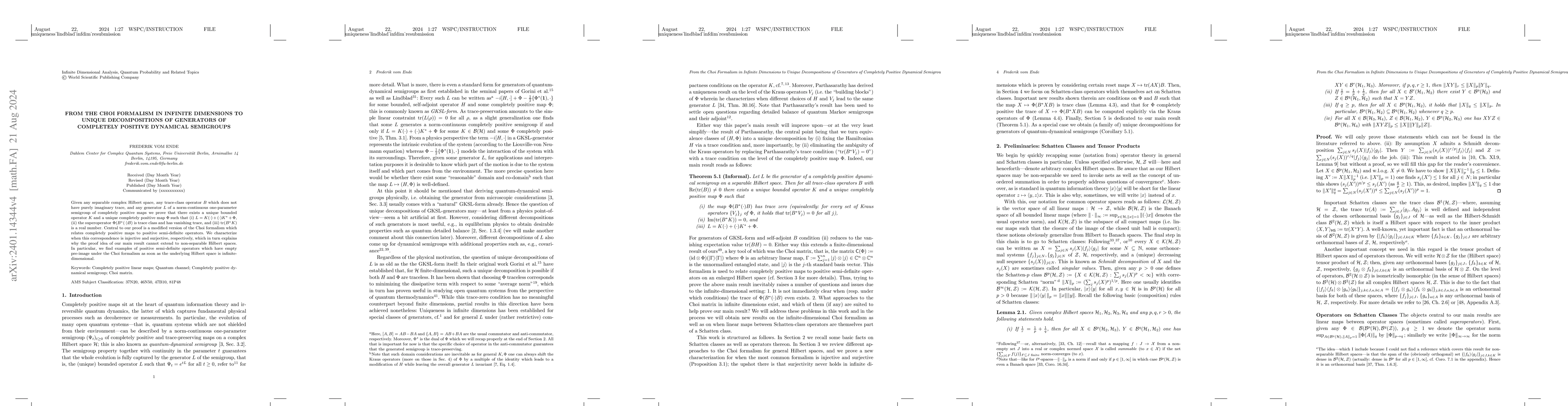 Thumbnail for From the Choi Formalism in Infinite Dimensions to Unique Decompositions
  of Generators of Completely Positive Dynamical Semigroups
