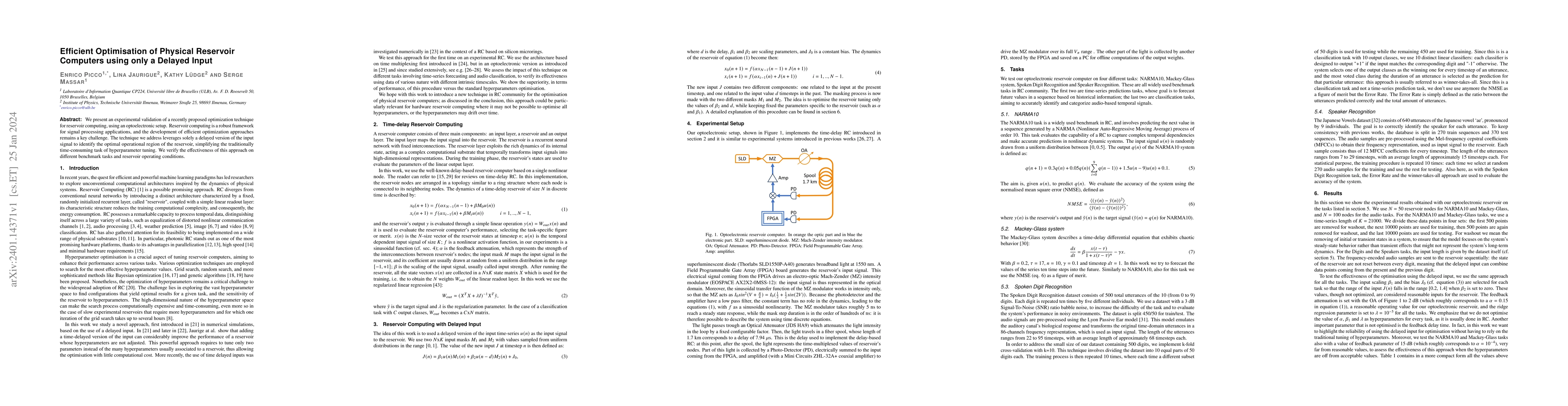 Thumbnail for Efficient Optimisation of Physical Reservoir Computers using only a
  Delayed Input