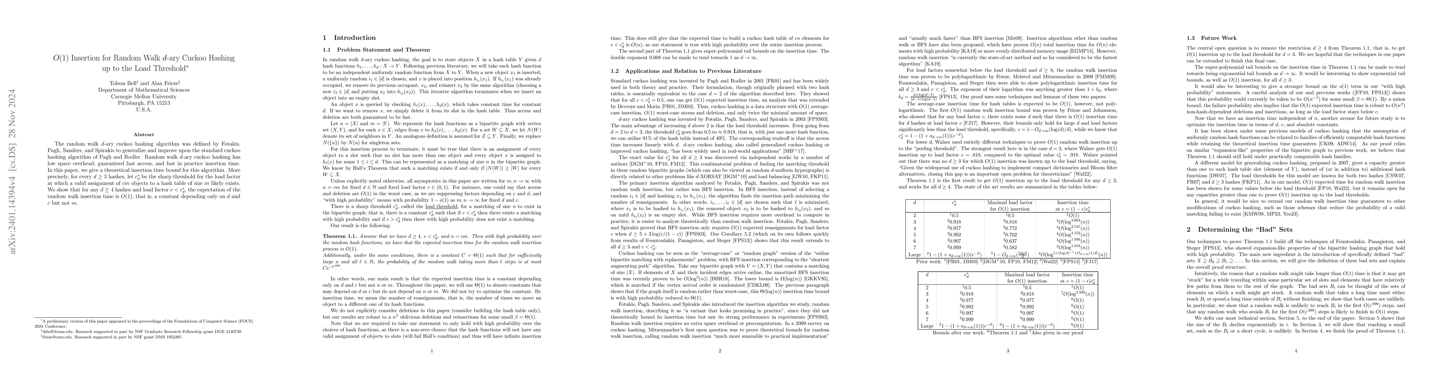Thumbnail for O(1) Insertion for Random Walk d-ary Cuckoo Hashing up to the Load
  Threshold