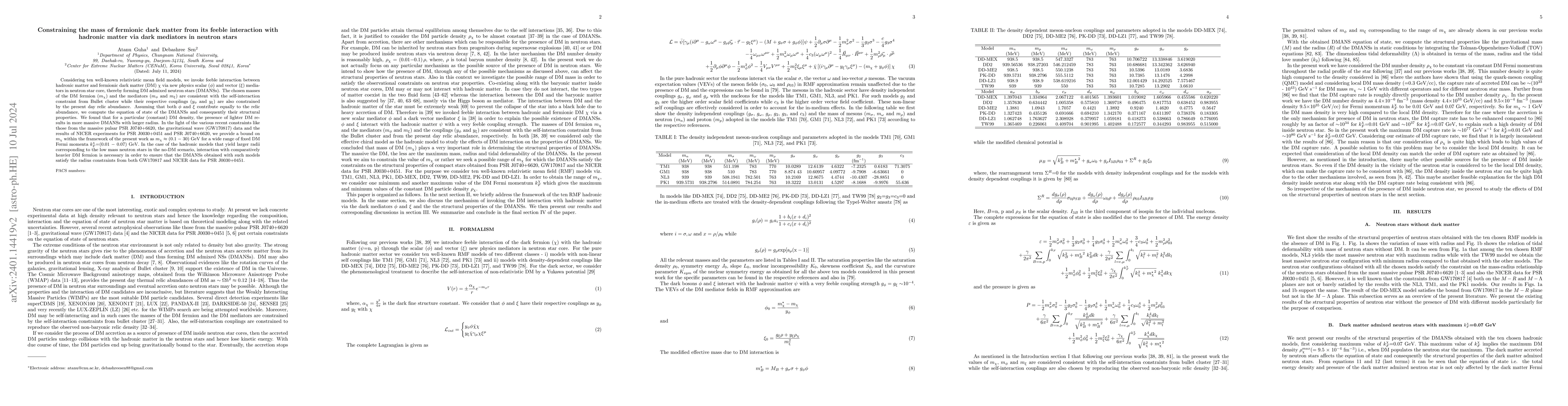 Thumbnail for Constraining the mass of fermionic dark matter from its feeble
  interaction with hadronic matter via dark mediators in neutron stars