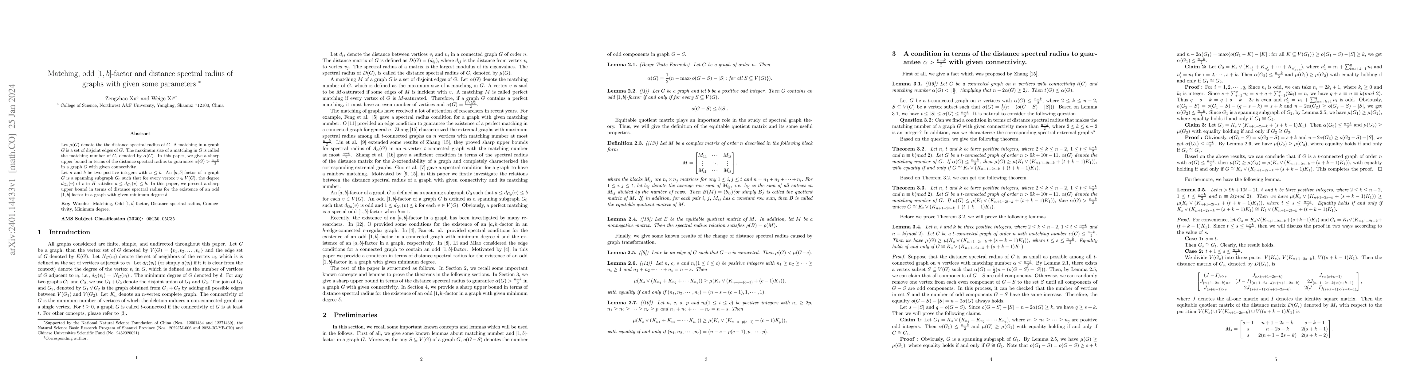 Thumbnail for Matching, odd $[1,b]$-factor and distance spectral radius of graphs with
  given some parameters