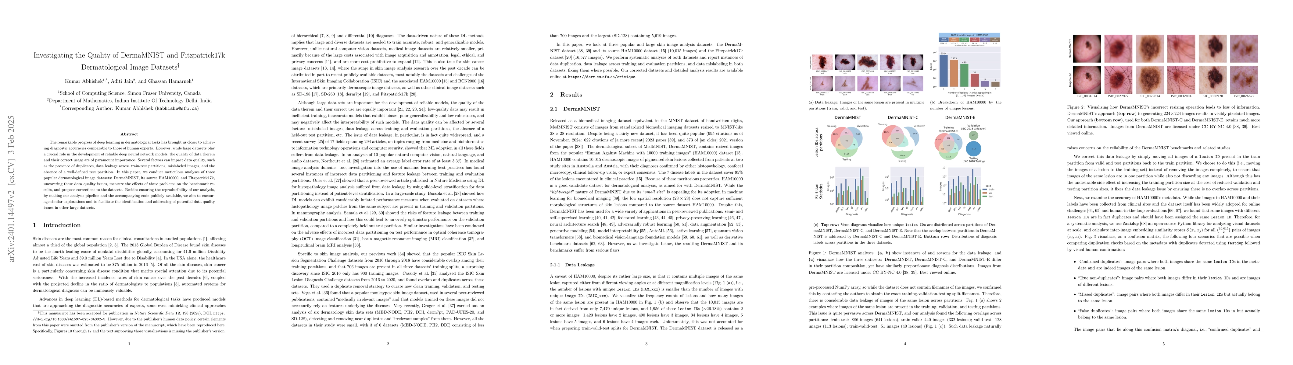 Thumbnail for Investigating the Quality of DermaMNIST and Fitzpatrick17k
  Dermatological Image Datasets