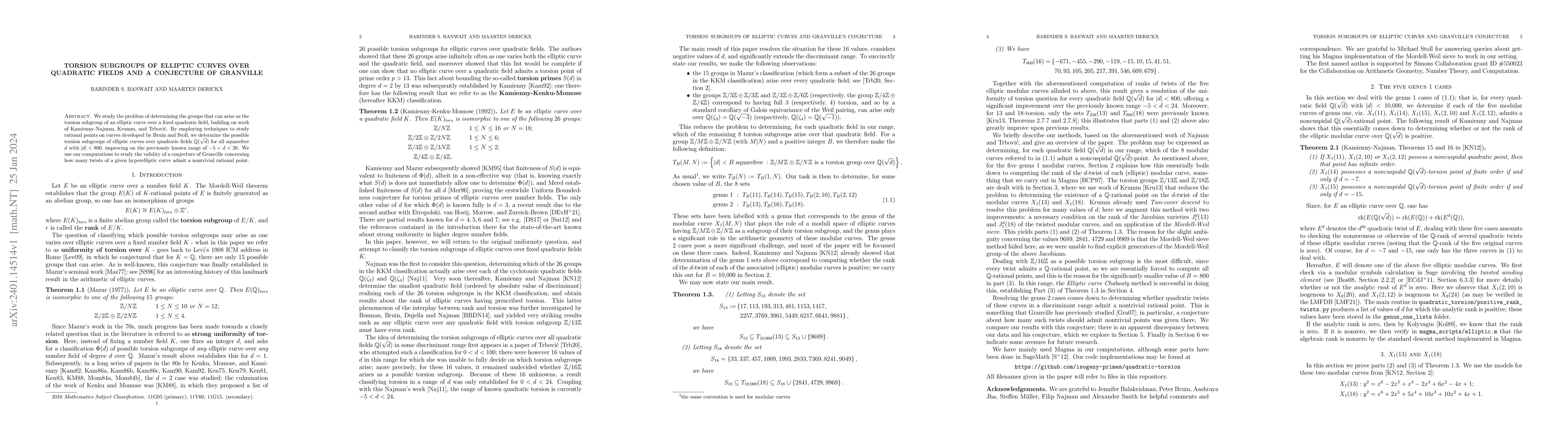 Thumbnail for Torsion subgroups of elliptic curves over quadratic fields and a
  conjecture of Granville