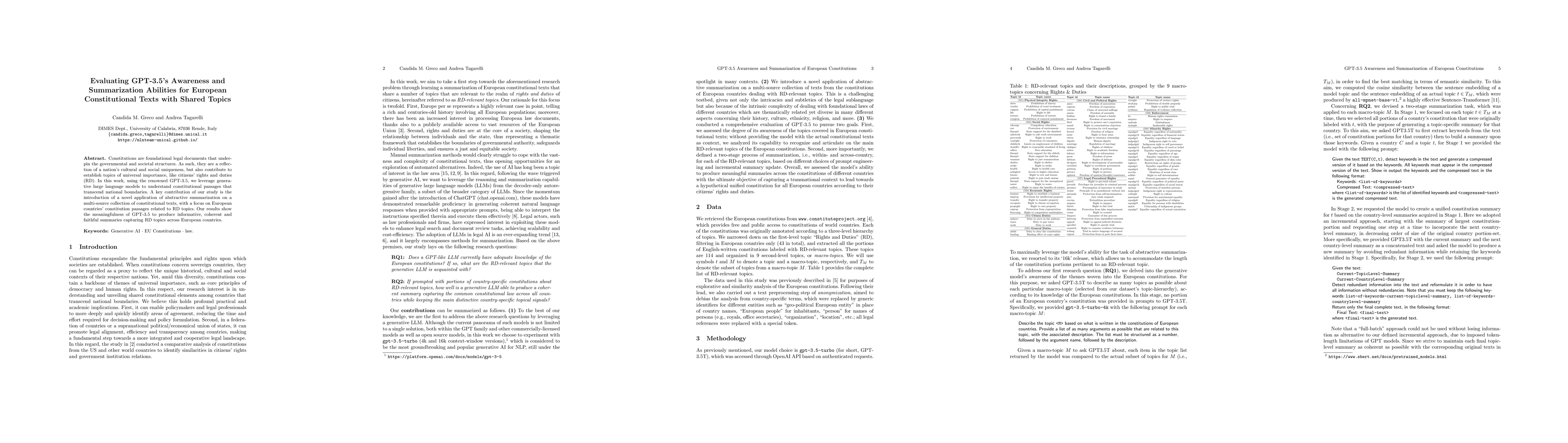 Thumbnail for Evaluating GPT-3.5's Awareness and Summarization Abilities for European
  Constitutional Texts with Shared Topics