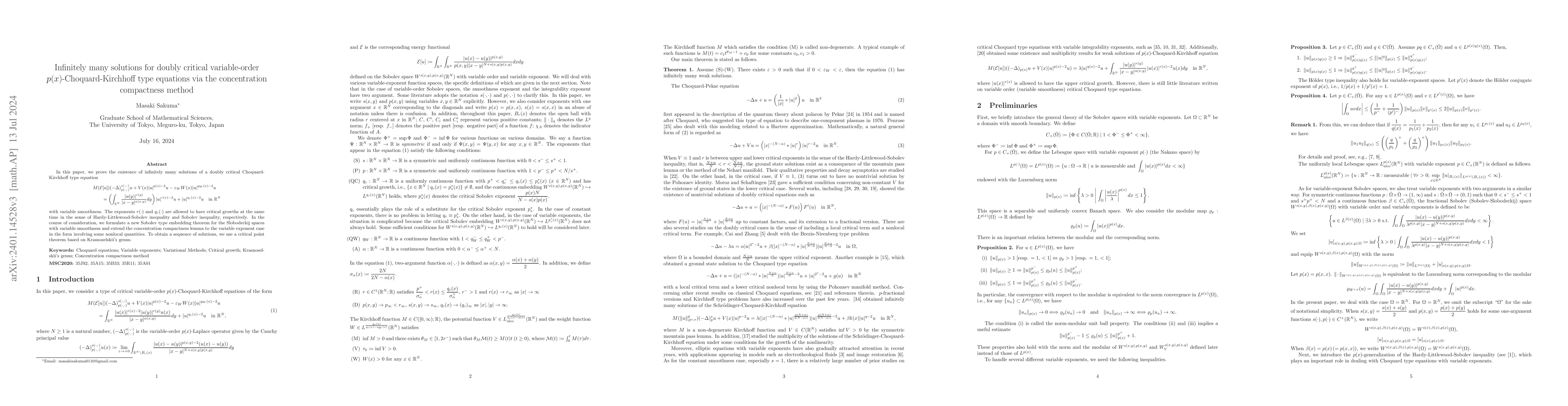 Thumbnail for Infinitely many solutions for doubly critical variable-order
  $p(x)$-Choquard-Kirchhoff type equations via the concentration compactness
  method