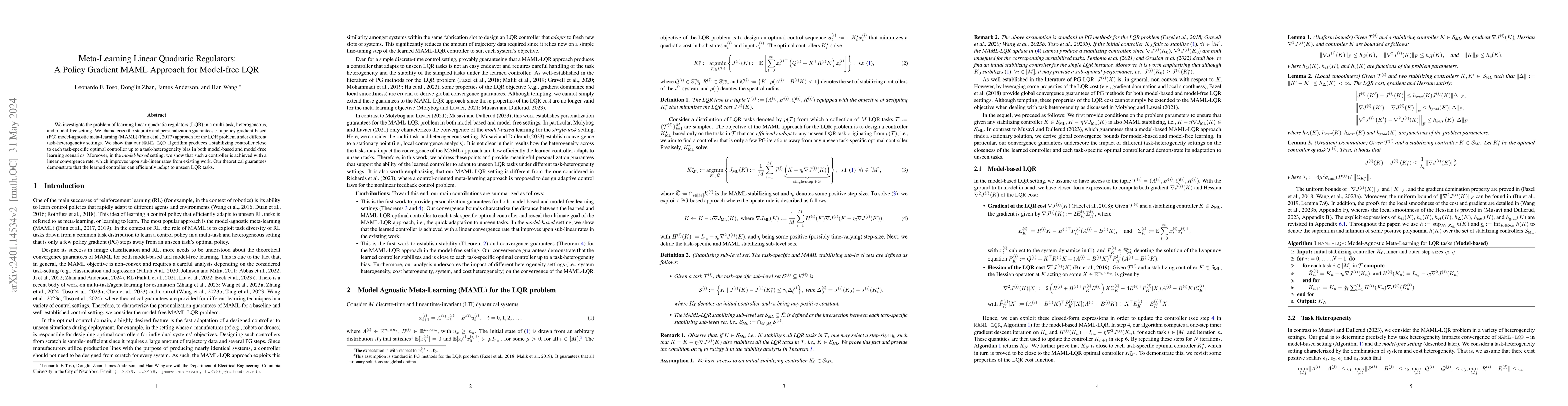 Thumbnail for Meta-Learning Linear Quadratic Regulators: A Policy Gradient MAML
  Approach for Model-free LQR