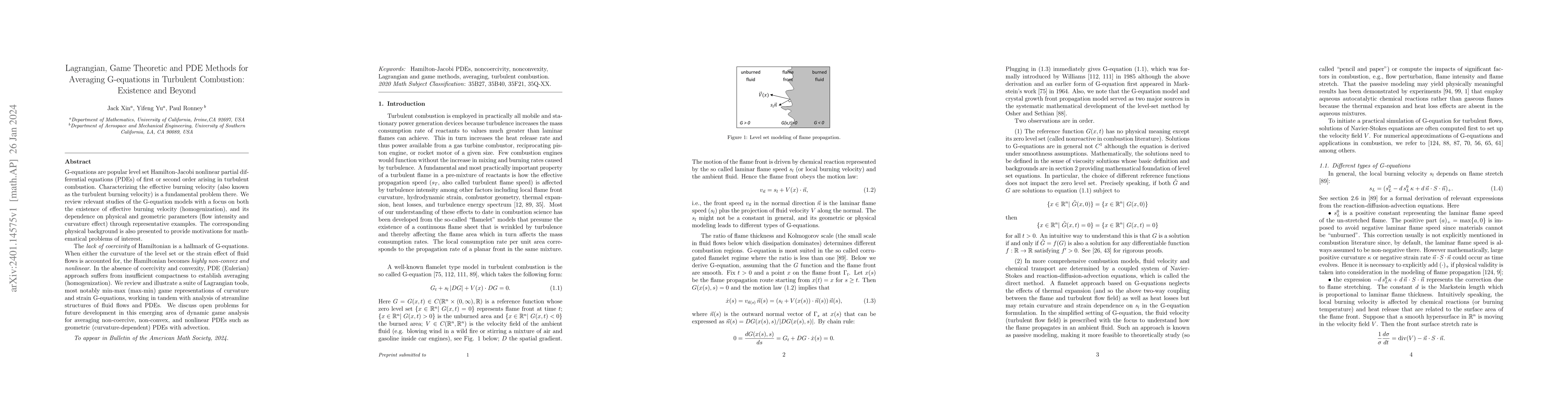Thumbnail for Lagrangian, Game Theoretic and PDE Methods for Averaging G-equations in
  Turbulent Combustion: Existence and Beyond
