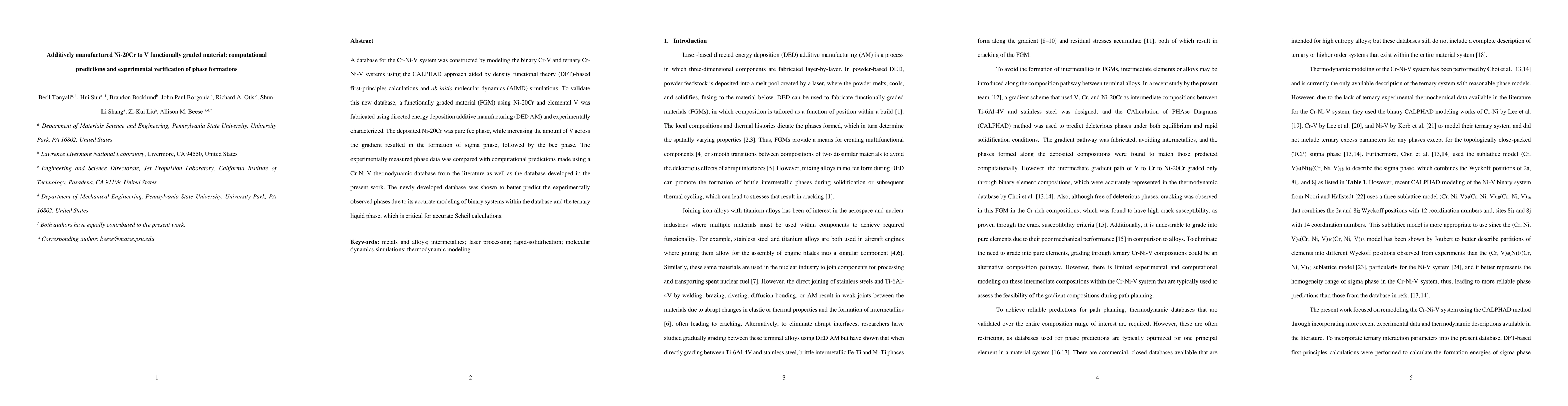Thumbnail for Additively manufactured Ni-20Cr to V functionally graded material:
  computational predictions and experimental verification of phase formations