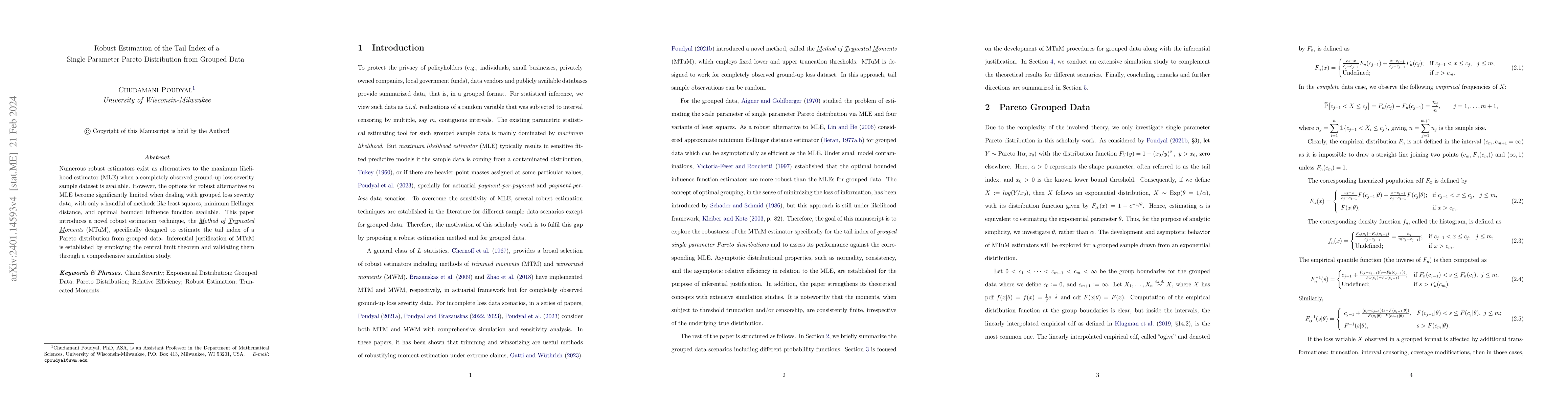 Thumbnail for Robust Estimation of the Tail Index of a Single Parameter Pareto
  Distribution from Grouped Data