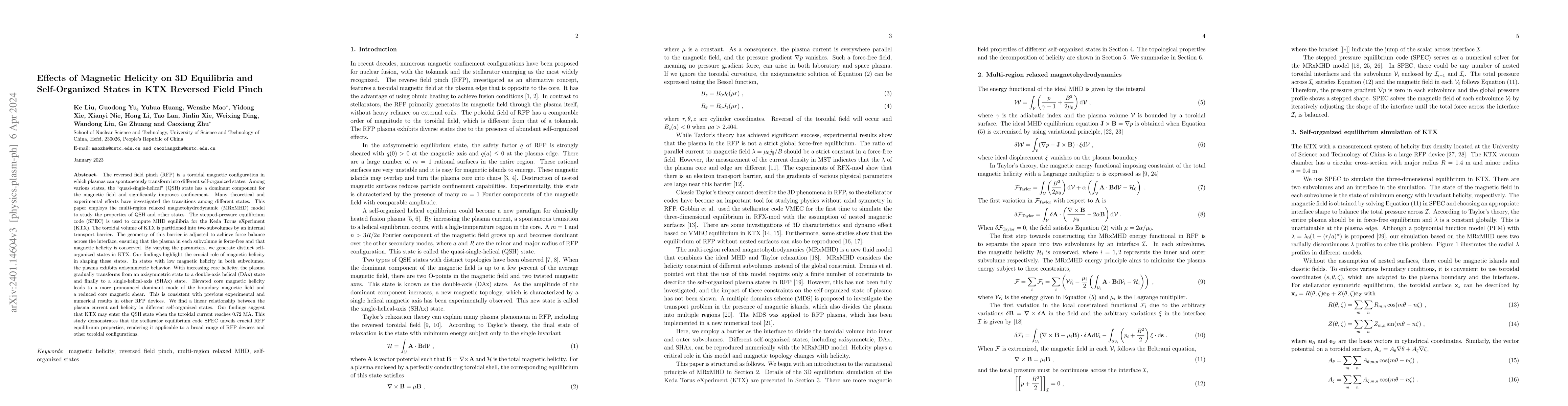 Thumbnail for Effects of Magnetic Helicity on 3D Equilibria and Self-Organized States
  in KTX Reversed Field Pinch