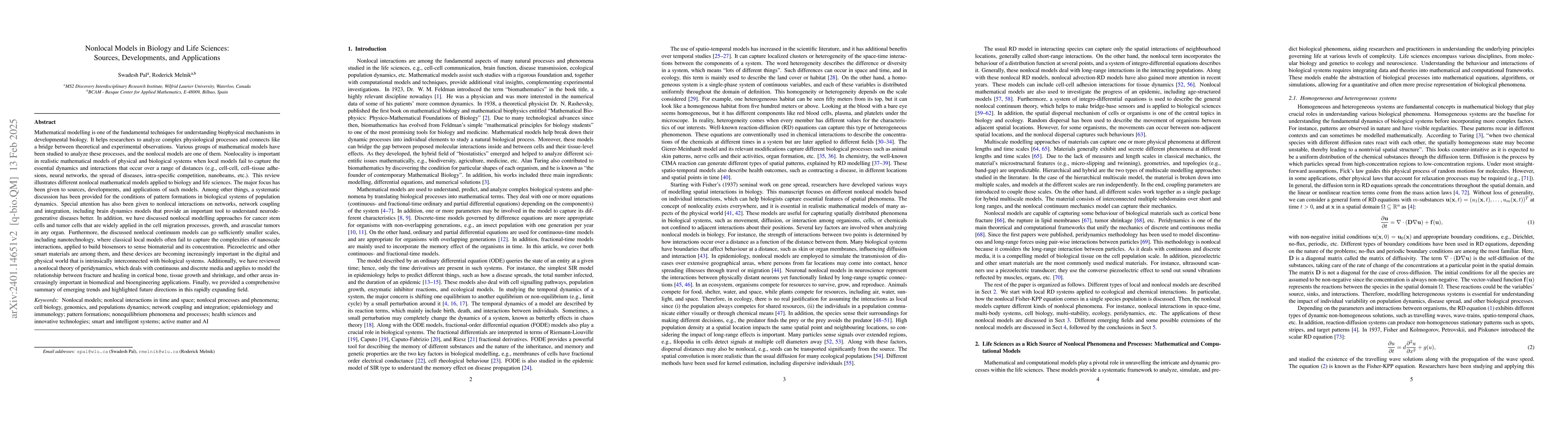 Thumbnail for Nonlocal Models in Biology and Life Sciences: Sources, Developments, and
  Applications