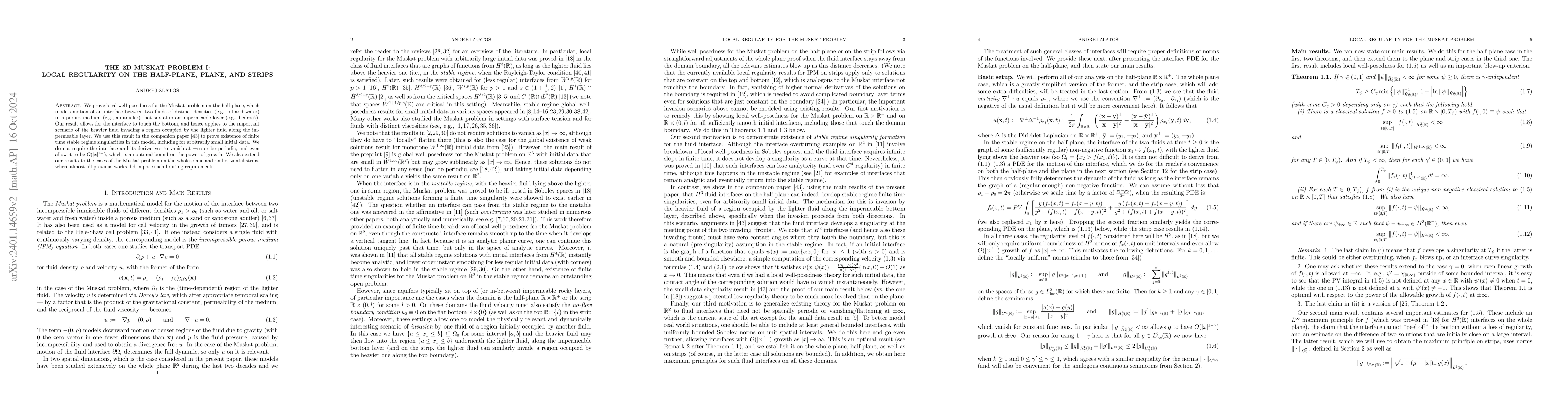Thumbnail for The 2D Muskat Problem I: Local Regularity on the Half-plane, Plane, and
  Strips