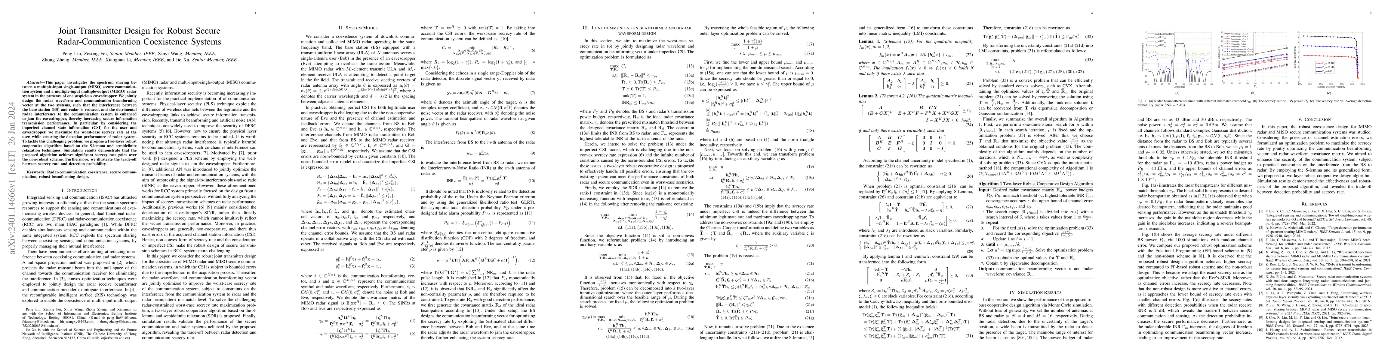 Thumbnail for Joint Transmitter Design for Robust Secure Radar-Communication
  Coexistence Systems