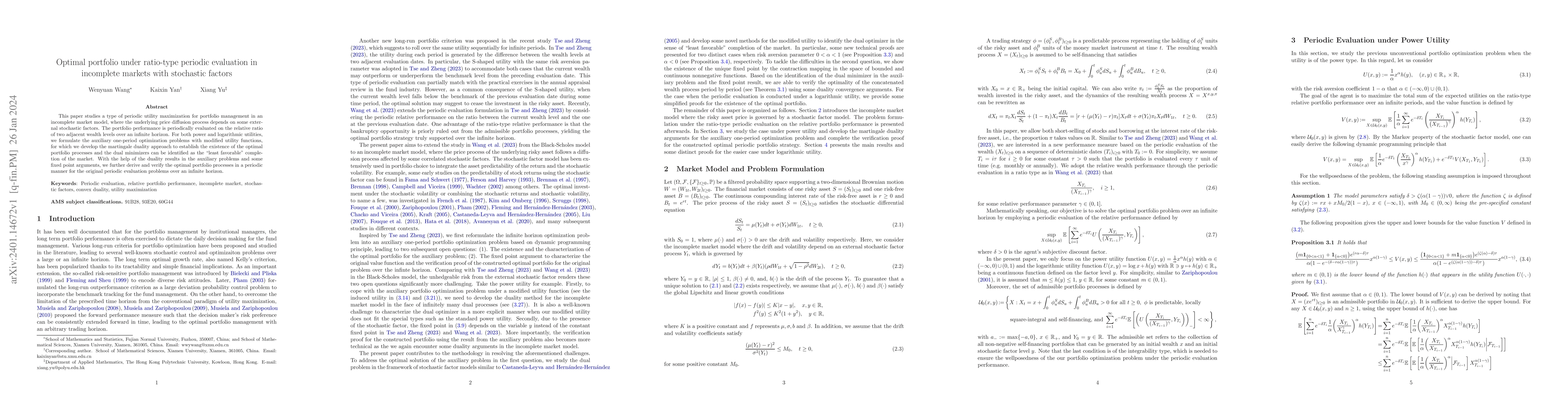 Thumbnail for Optimal portfolio under ratio-type periodic evaluation in incomplete
  markets with stochastic factors