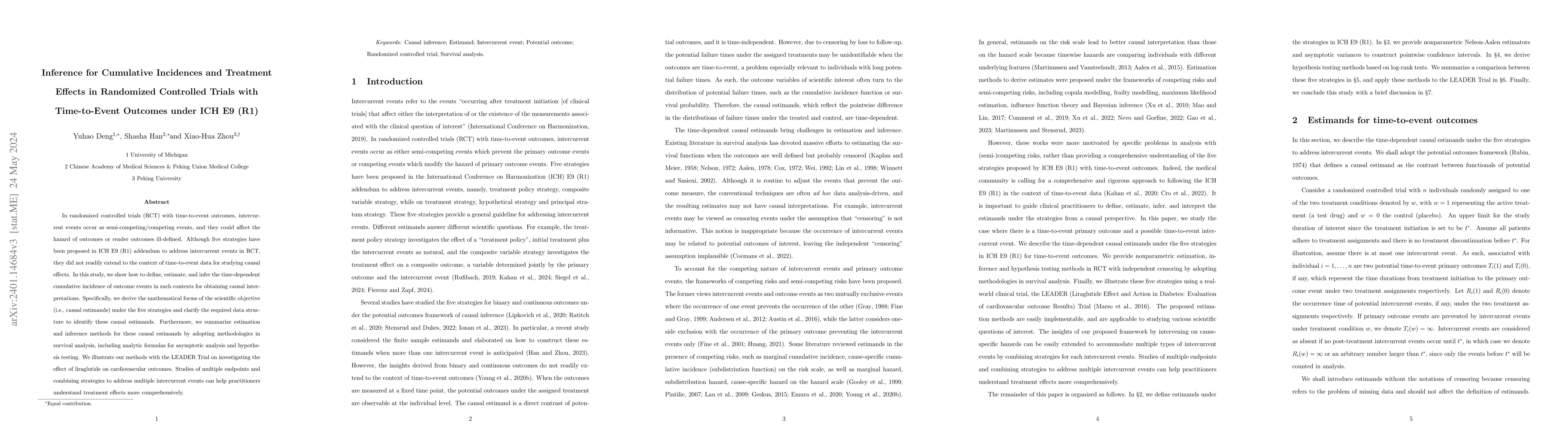 Thumbnail for Inference for Cumulative Incidences and Treatment Effects in Randomized
  Controlled Trials with Time-to-Event Outcomes under ICH E9 (R1)