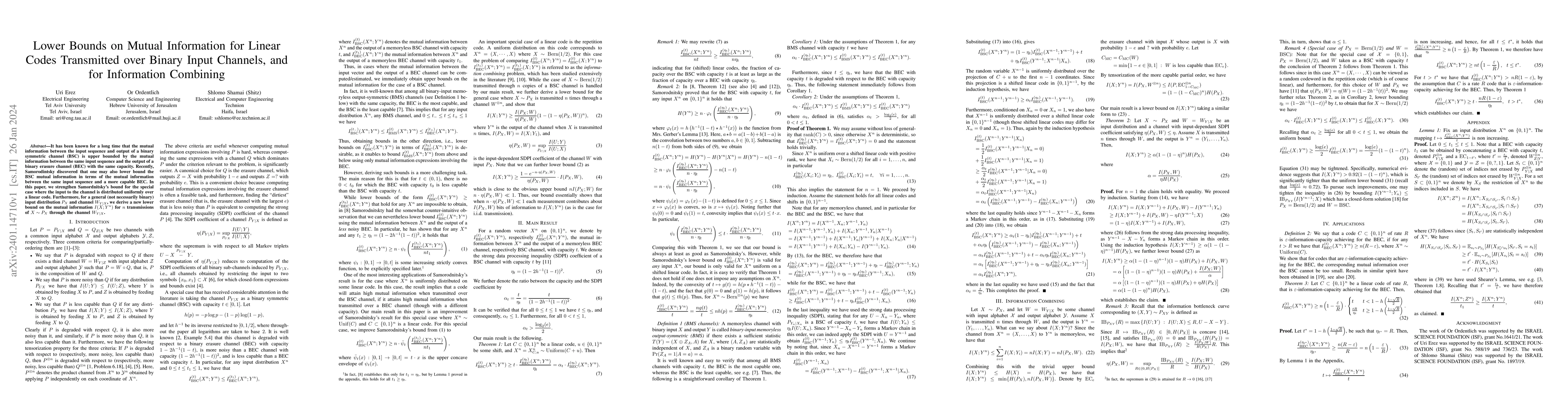 Thumbnail for Lower Bounds on Mutual Information for Linear Codes Transmitted over
  Binary Input Channels, and for Information Combining