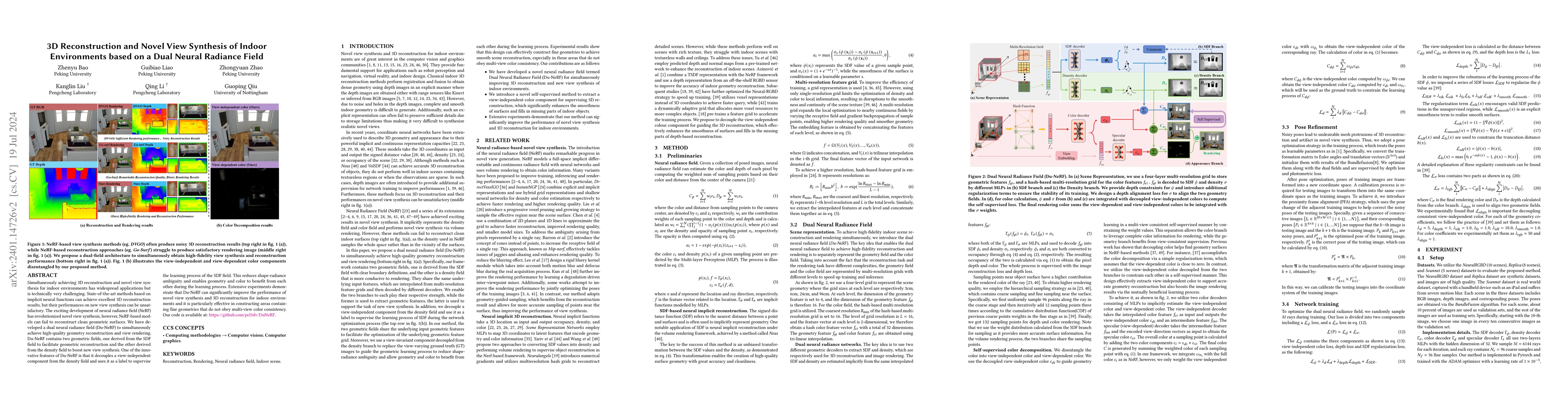 Thumbnail for 3D Reconstruction and New View Synthesis of Indoor Environments based on
  a Dual Neural Radiance Field