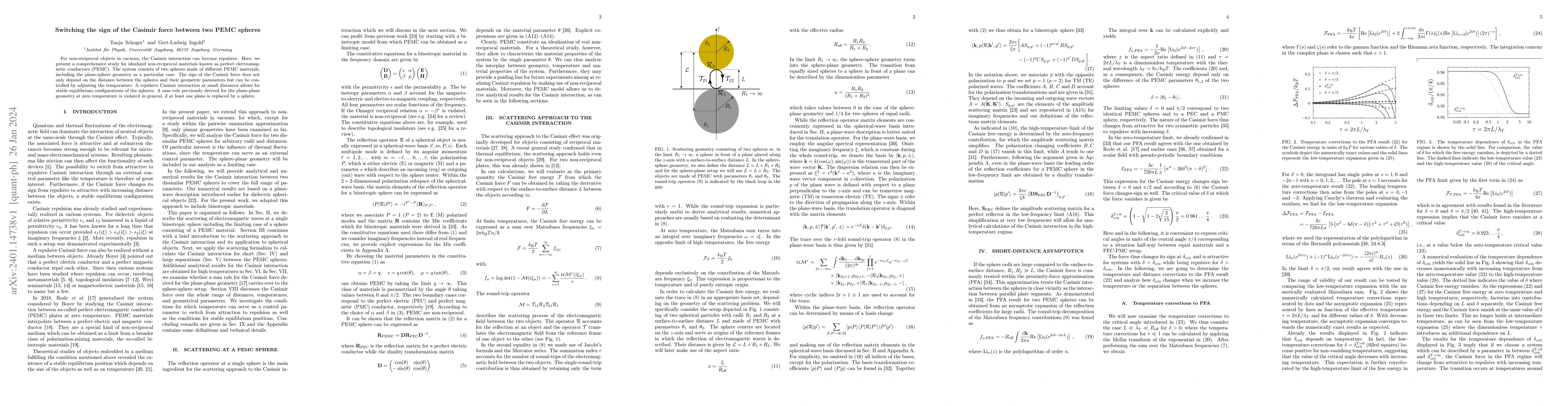 Thumbnail for Switching the sign of the Casimir force between two PEMC spheres