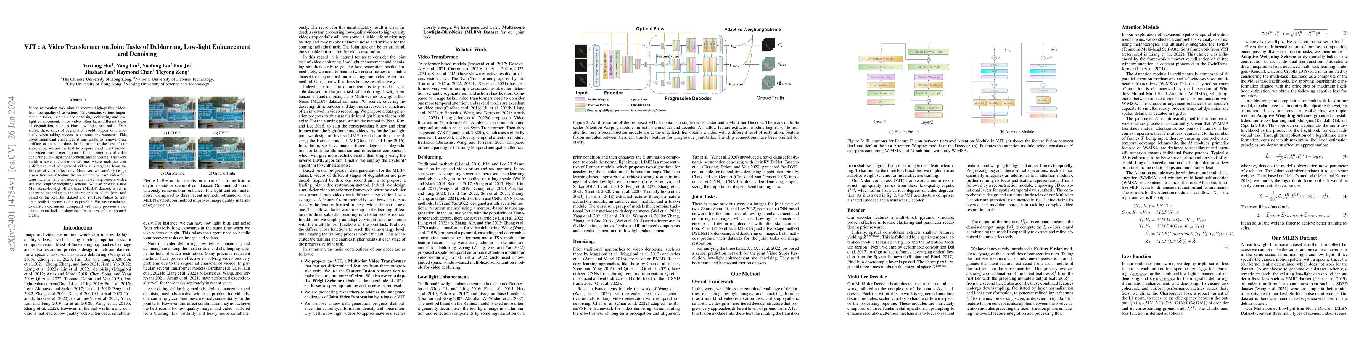 Thumbnail for VJT: A Video Transformer on Joint Tasks of Deblurring, Low-light
  Enhancement and Denoising