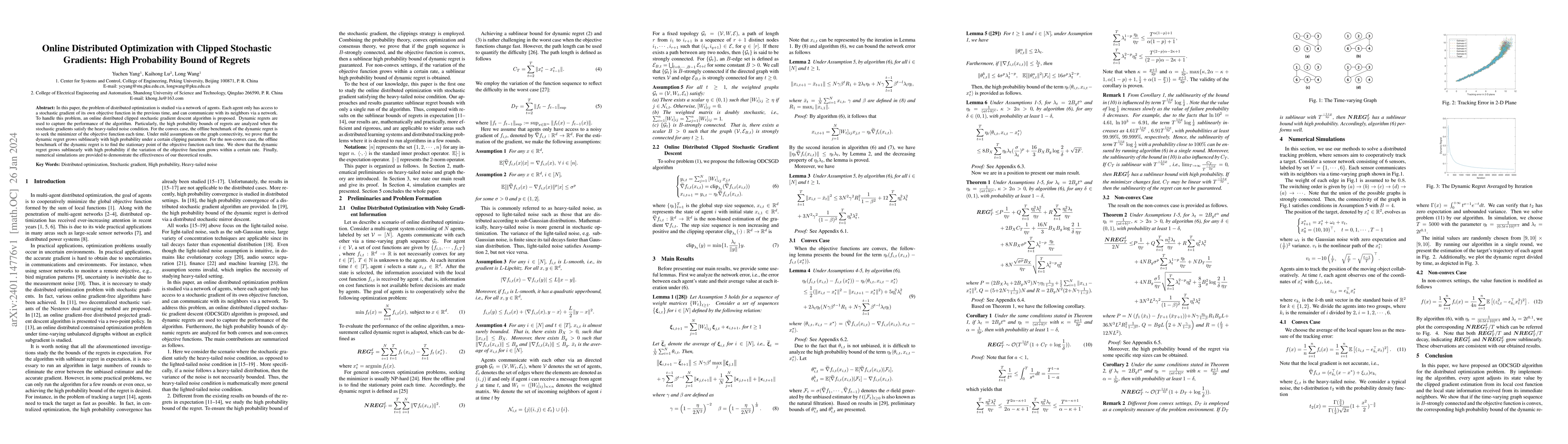 Thumbnail for Online Distributed Optimization with Clipped Stochastic Gradients: High
  Probability Bound of Regrets