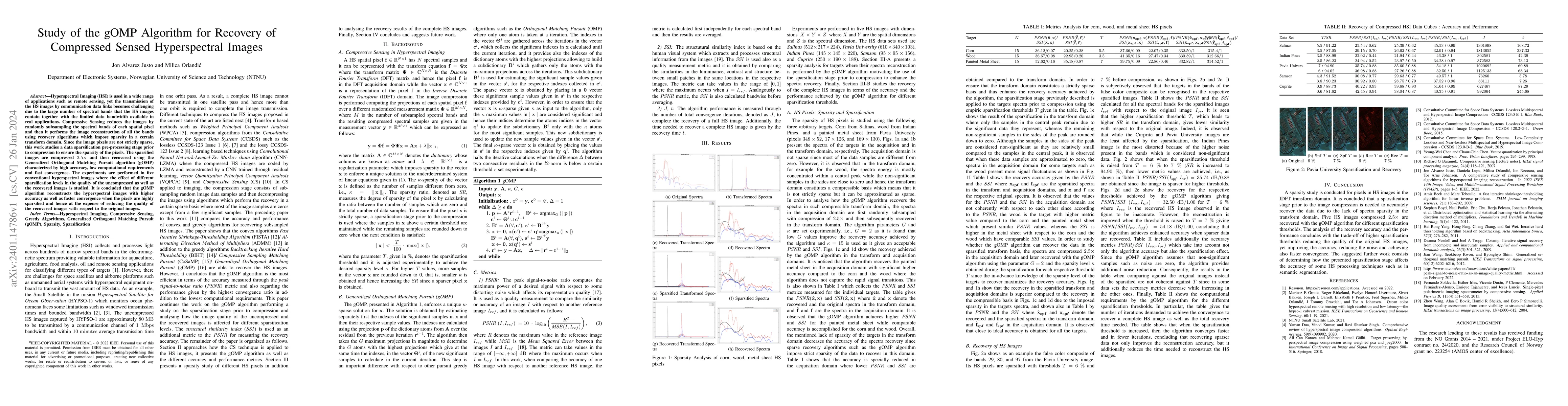 Thumbnail for Study of the gOMP Algorithm for Recovery of Compressed Sensed
  Hyperspectral Images