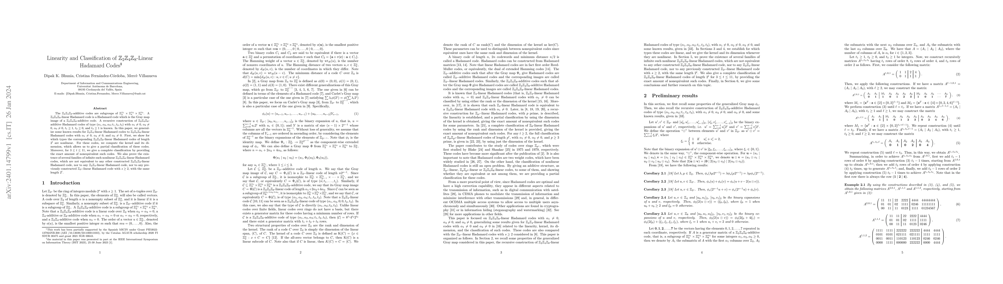 Thumbnail for Linearity and Classification of
  $\mathbb{Z}_2\mathbb{Z}_4\mathbb{Z}_8$-Linear Hadamard Codes