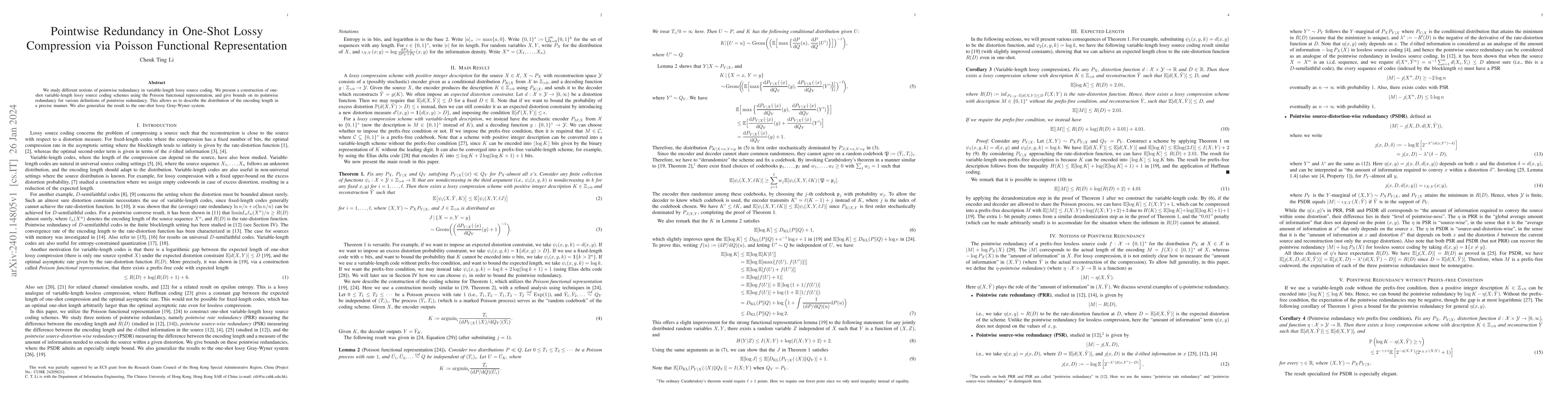 Thumbnail for Pointwise Redundancy in One-Shot Lossy Compression via Poisson
  Functional Representation
