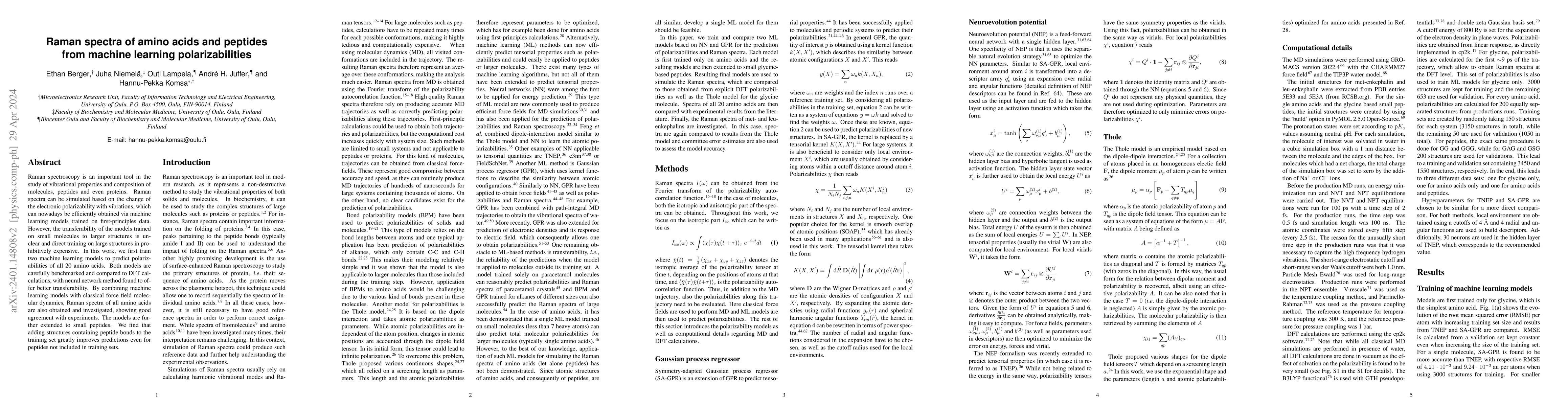 Thumbnail for Raman spectra of amino acids and peptides from machine learning
  polarizabilities