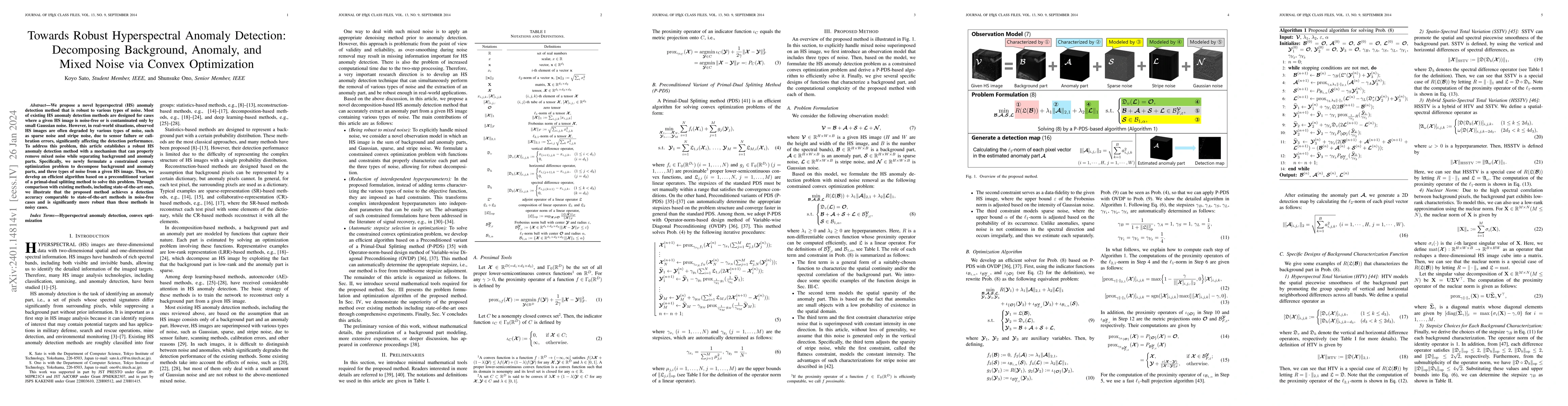 Thumbnail for Towards Robust Hyperspectral Anomaly Detection: Decomposing Background,
  Anomaly, and Mixed Noise via Convex Optimization