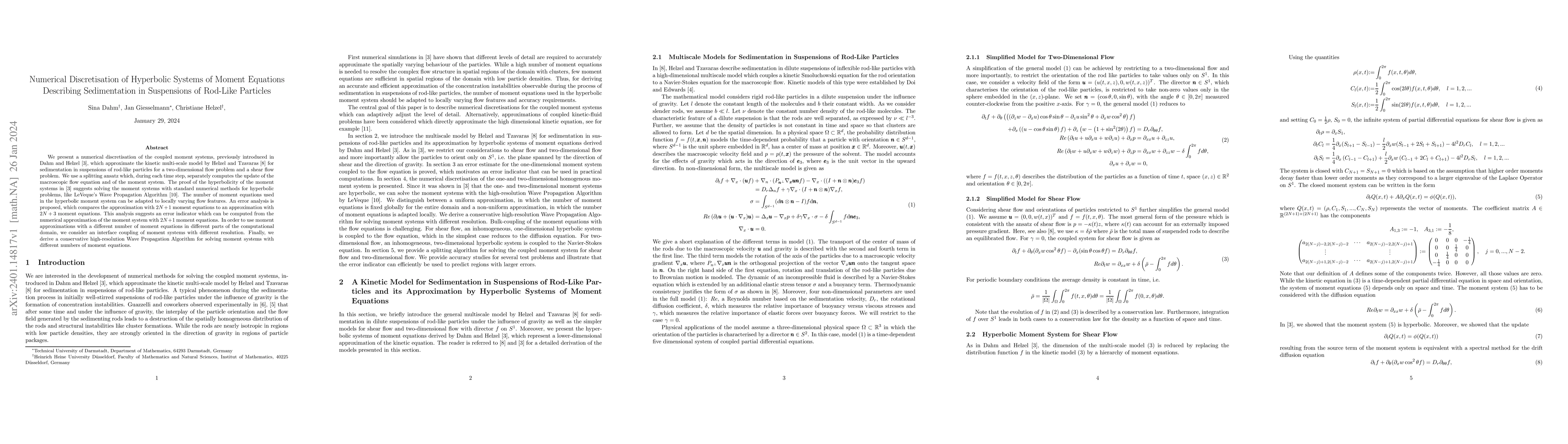 Thumbnail for Numerical Discretisation of Hyperbolic Systems of Moment Equations
  Describing Sedimentation in Suspensions of Rod-Like Particles