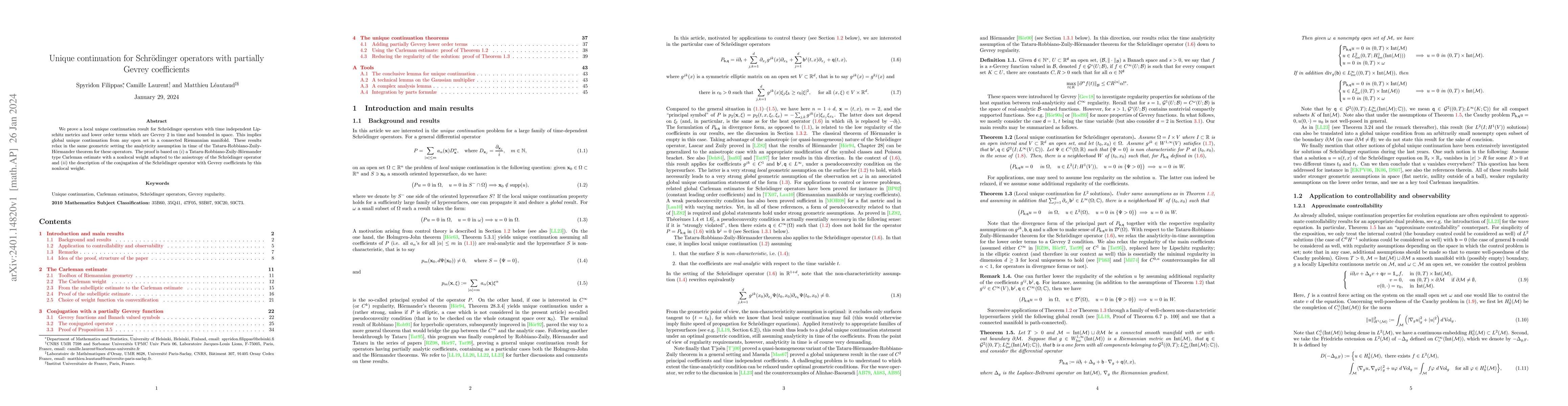 Thumbnail for Unique continuation for Schr{\"o}dinger operators with partially Gevrey
  coefficients