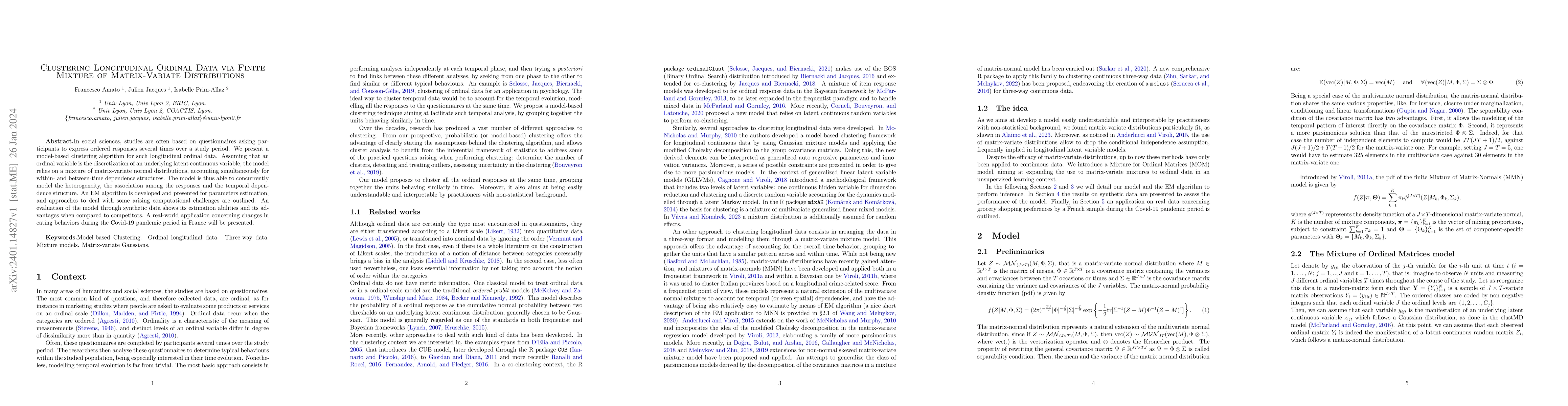 Thumbnail for Clustering Longitudinal Ordinal Data via Finite Mixture of
  Matrix-Variate Distributions