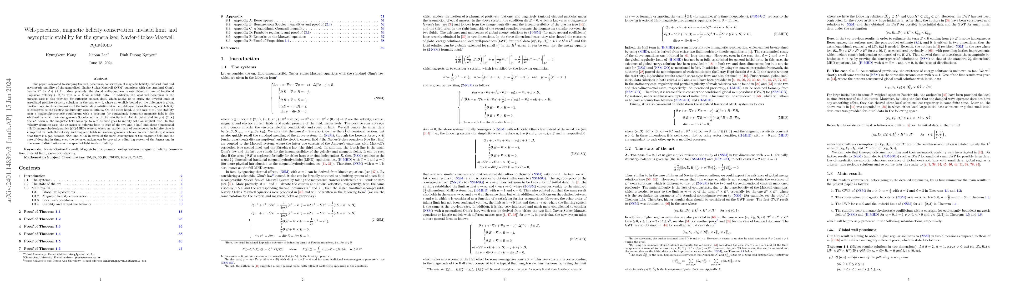 Thumbnail for Well-posedness, magnetic helicity conservation, inviscid limit and
  asymptotic stability for the generalized Navier-Stokes-Maxwell equations